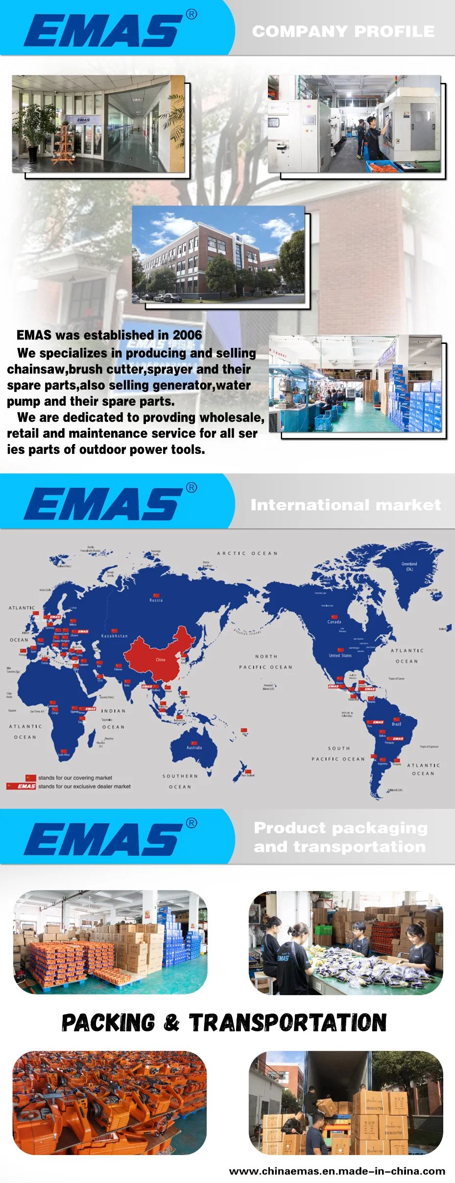 Emas Hot Sale Small Home Use Gasoline Chainsaw 45.5cc Ms250