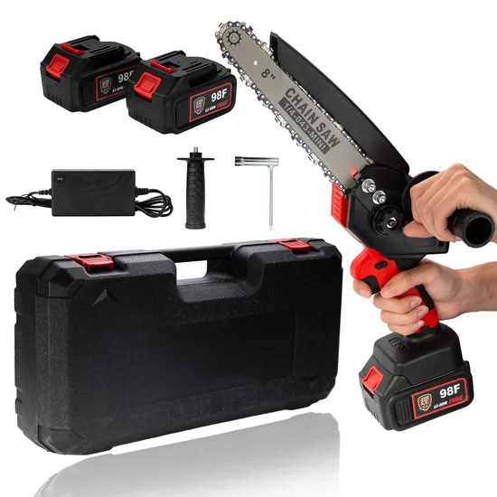 Gold Index Professioneller 21-V-Holzschneider, kabelloser Lithium-Akku, 6/8 Zoll tragbare elektrische Mini-Kettensäge mit Zubehör